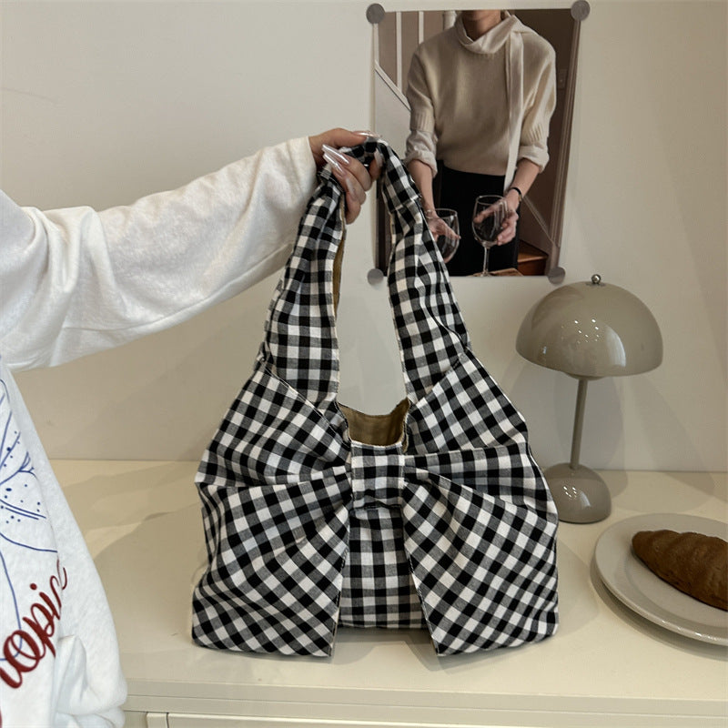 Vest Bag Women's Summer Korean Style Retro Plaid Large Capacity Light Shopping Versatile Canvas Bag Student