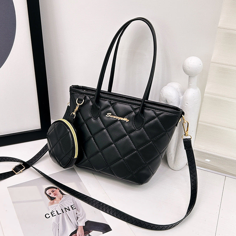 Vegetable Basket Handbag Niche Rhombus Textured Bucket Bag Two-Piece Set Bag Hot Sale Straw Bag Women