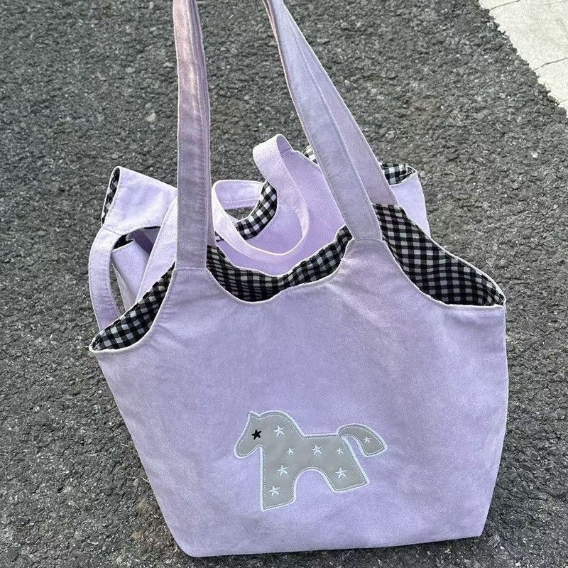 Cute Cartoon Horse Tote Bag for Women, Casual Shoulder Bag with Large Capacity and Inner Pockets, Perfect for Daily Use and School