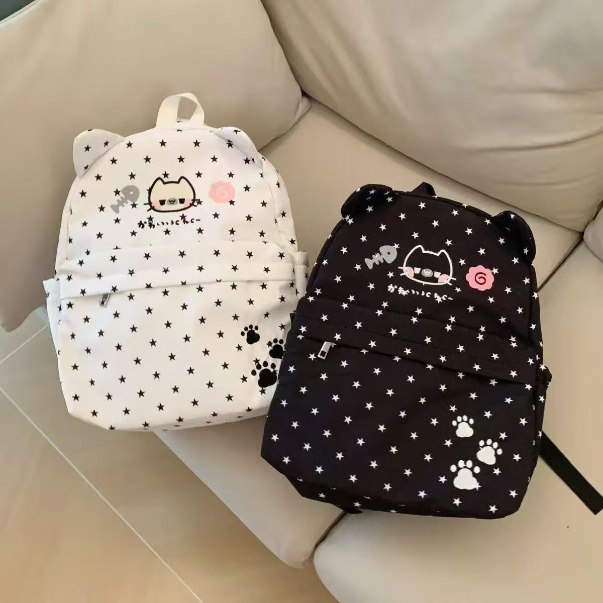 Cute Cat Ears Backpack with Star Print and Paw Design, Waterproof Oxford Fabric, Perfect for School and Daily Use
