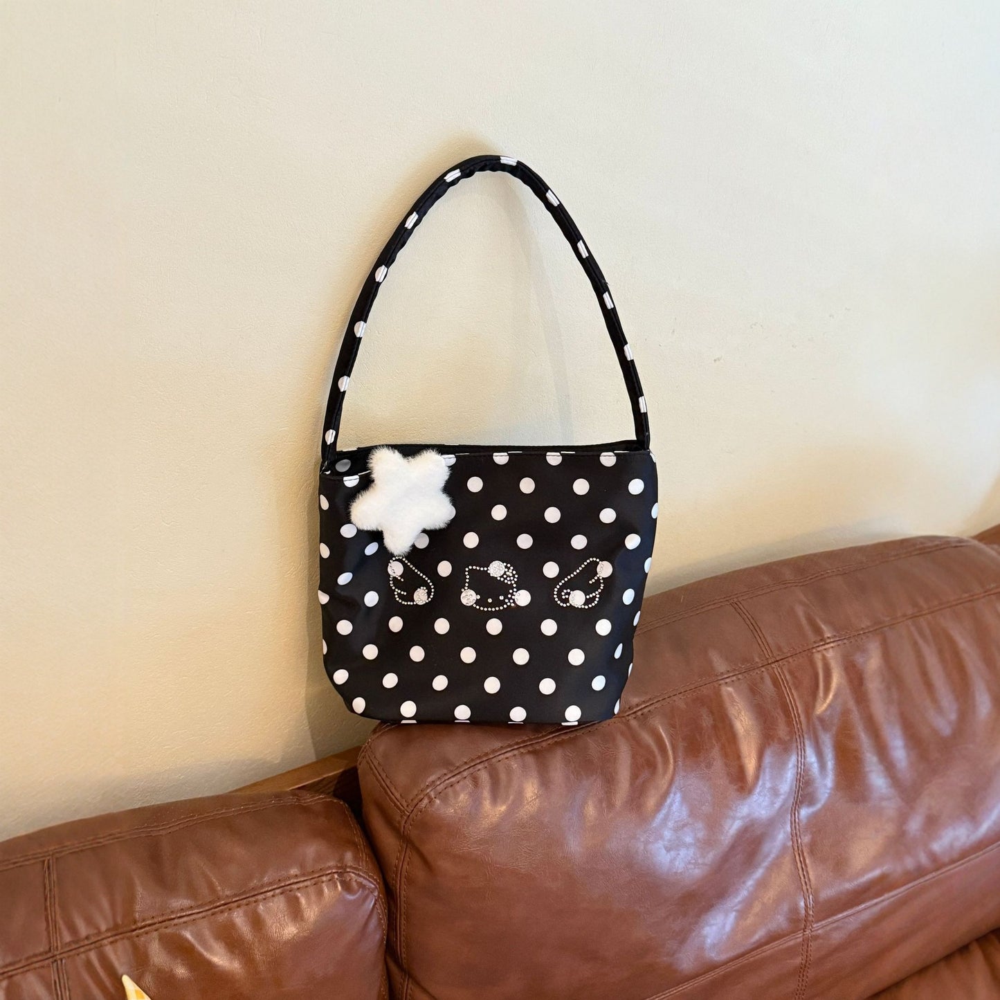 Cute Polka Dot Kitty Shoulder Bag with Rhinestone Details and Fluffy Charm for Daily Fashion