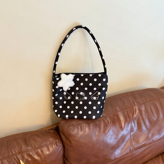 Cute Polka Dot Kitty Shoulder Bag with Rhinestone Details and Fluffy Charm for Daily Fashion