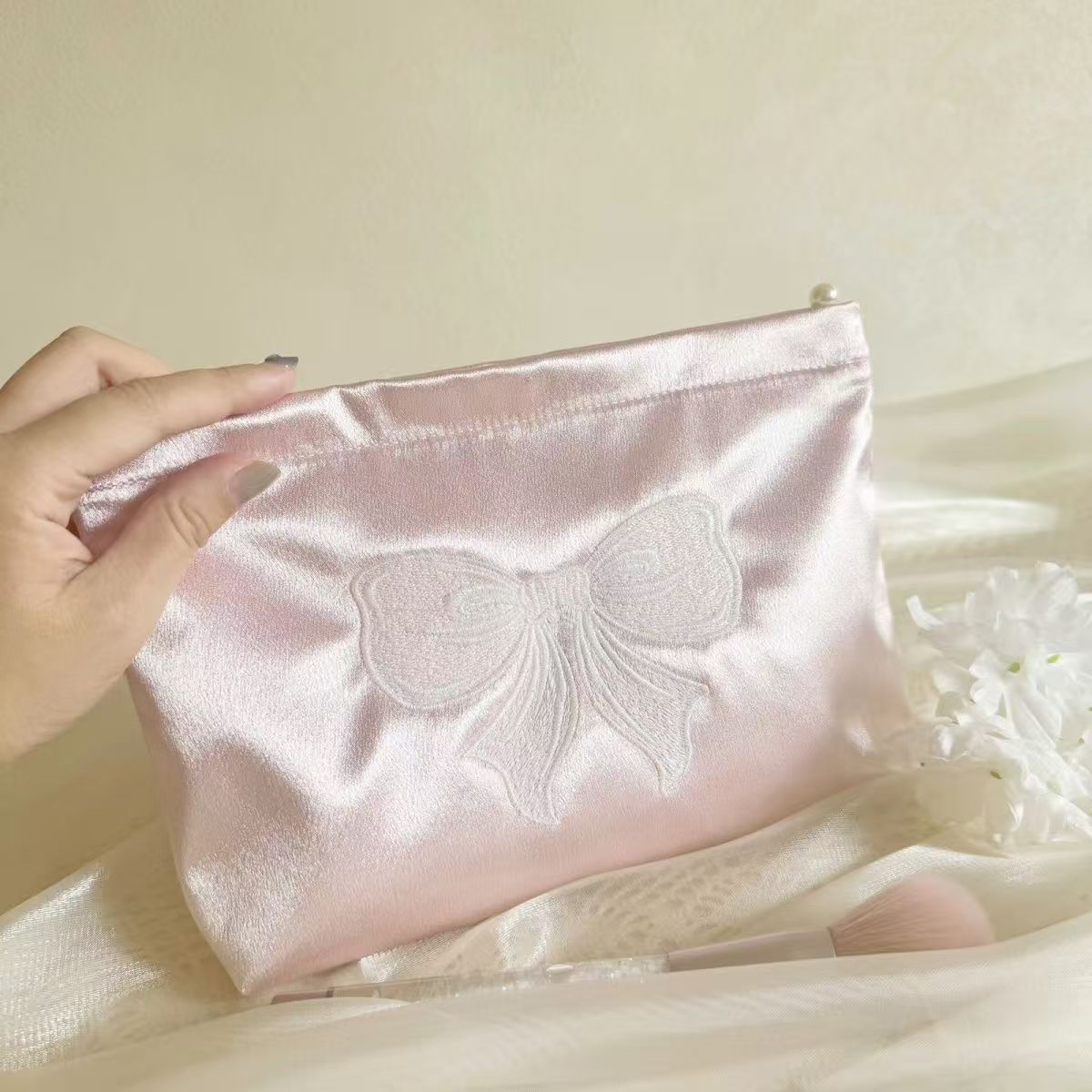 Women's Embroidered Bow Cosmetic Bag Smooth Satin Large Capacity Carrying Case Essential for Daily Travel