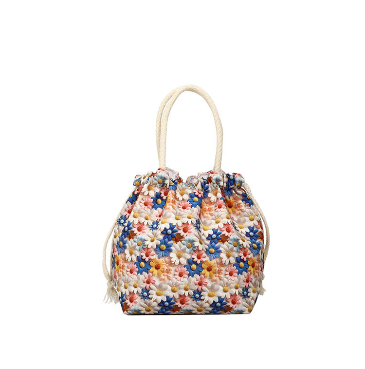 Makeup Bucket Mobile Phone Bag Female Sweet Fresh Pastoral Style Printed Tote Bag Lightweight Drawstring Bundle Bag