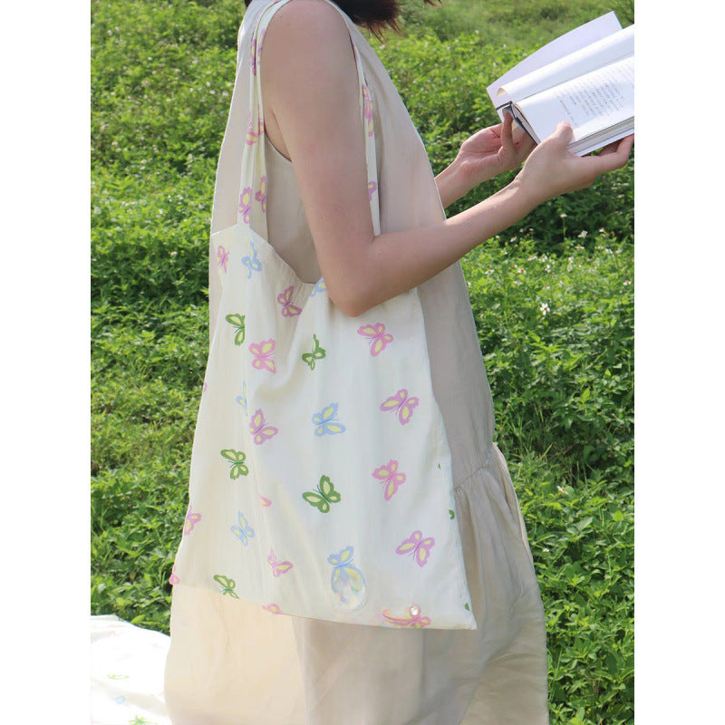 Cute Butterfly Print Canvas Tote Bag for Students and Daily Commute, Large Capacity Shoulder Bag with Trendy Design