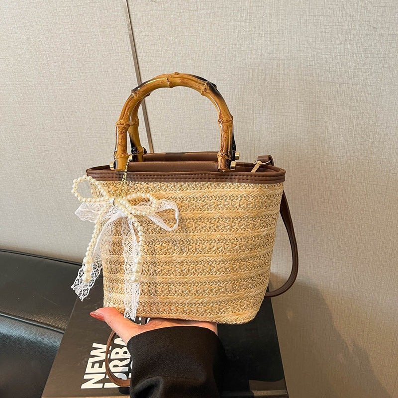 Summer New Fashion Bamboo Handle Woven Bucket Bag, Casual Minimalist Straw Handbag with Elegant Design