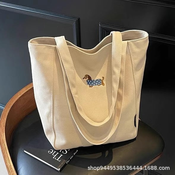 Stylish Canvas Tote Bag with Embroidered Dachshund Design, Large Capacity for Daily Commute and School Use