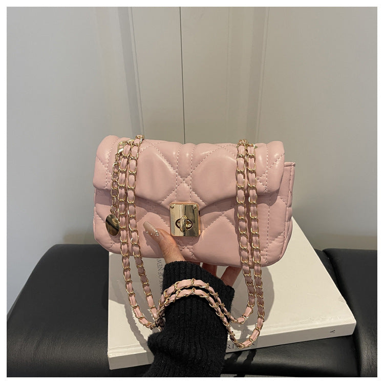 French Oil Wax Leather Women's Spring New Diamond Embroidery Thread Lock Commuter Chain Crossbody Shoulder Small Square Bag