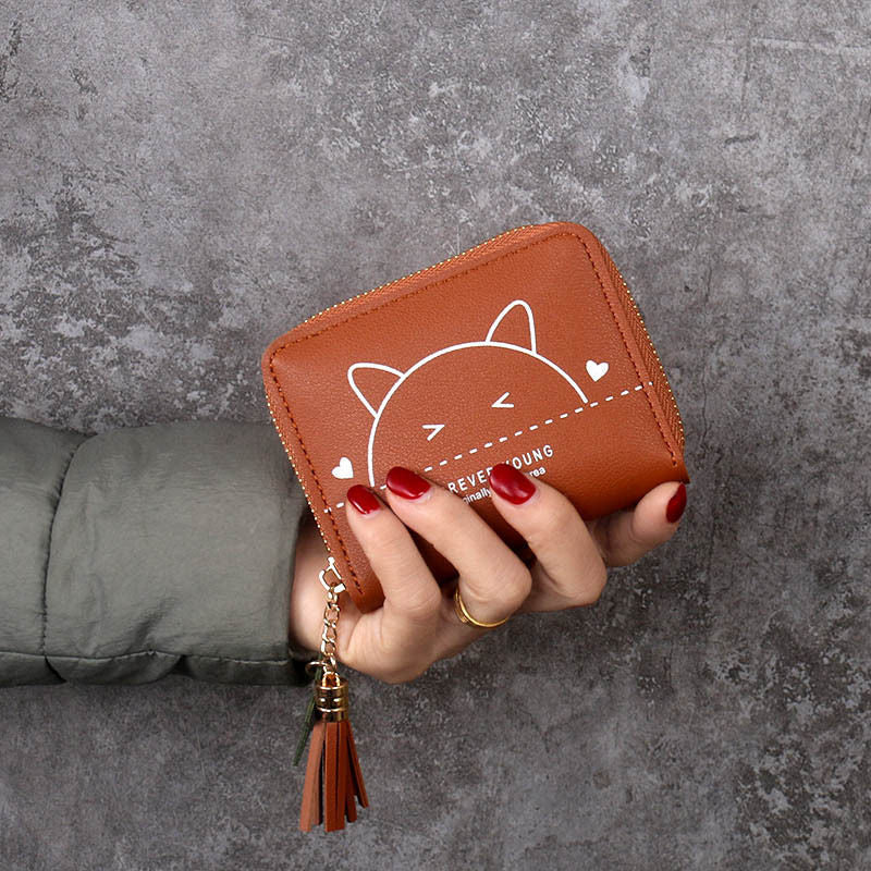 Cute Cat Zipper Wallet with Tassel Charm for Women, Stylish Card Holder and Coin Purse with Sweet Animal Design