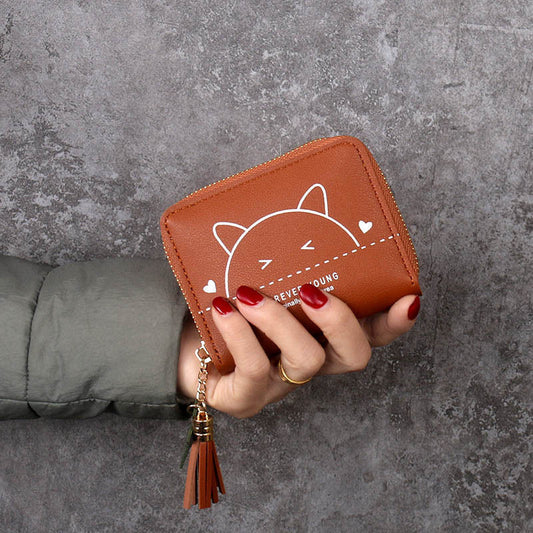Cute Cat Zipper Wallet with Tassel Charm for Women, Stylish Card Holder and Coin Purse with Sweet Animal Design