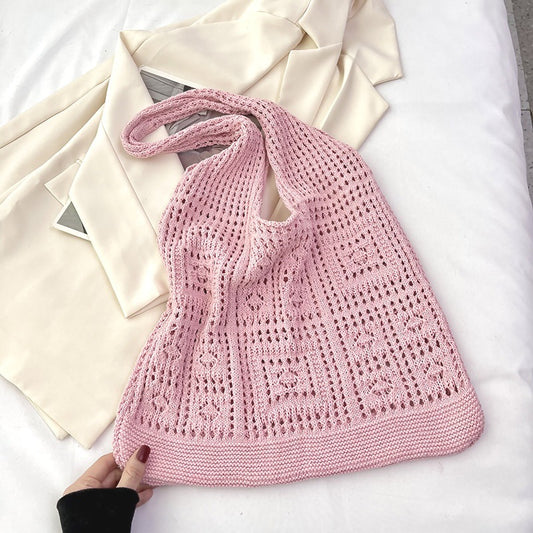 Women's Shoulder Bag Handmade Woven Hollowed Mesh Tote Bag Soft Cotton Thread Material Everyday Joker