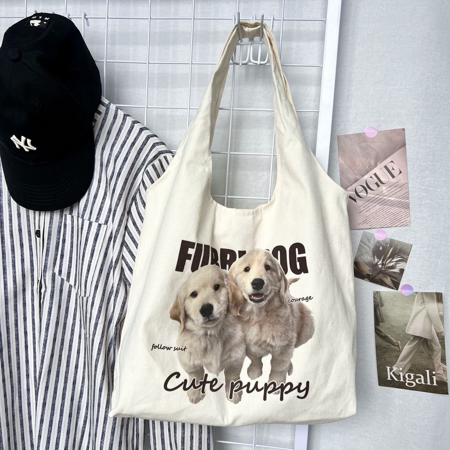 Cute Puppy Printed Canvas Tote Women's Shoulder Bag UV Commuter's All-Matching Large Capacity Bag