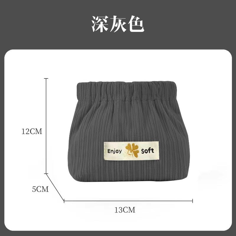 Portable Ribbed Cotton Cosmetic Bag with Elastic Opening for Travel and Daily Use