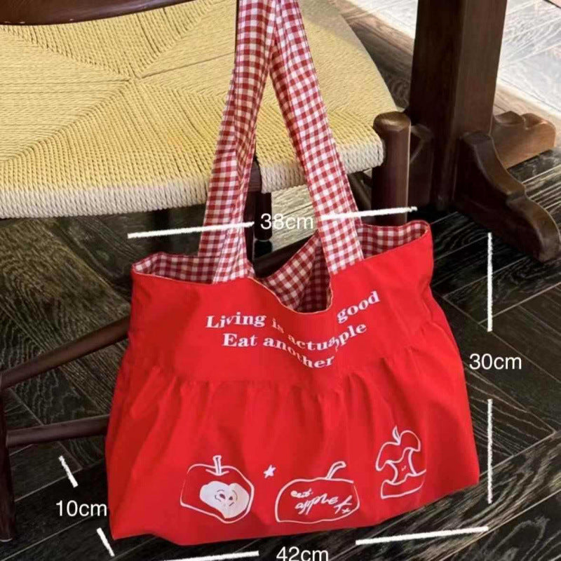 Women's Shoulder Bag Cute Korean Apple Tote Bag Idle Style Large Capacity Shoulder Bag Stitching Design Casual Travel Versatile