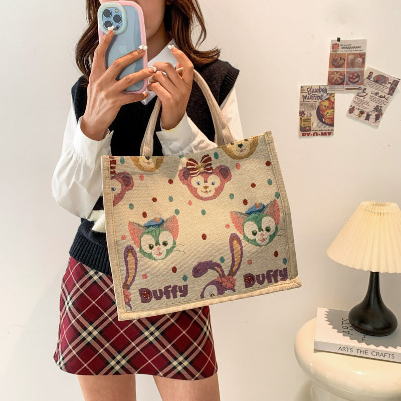 Cute Printed Cotton and Linen Women's Handbag with Duffy Character Pattern Large Capacity Buggy Bag