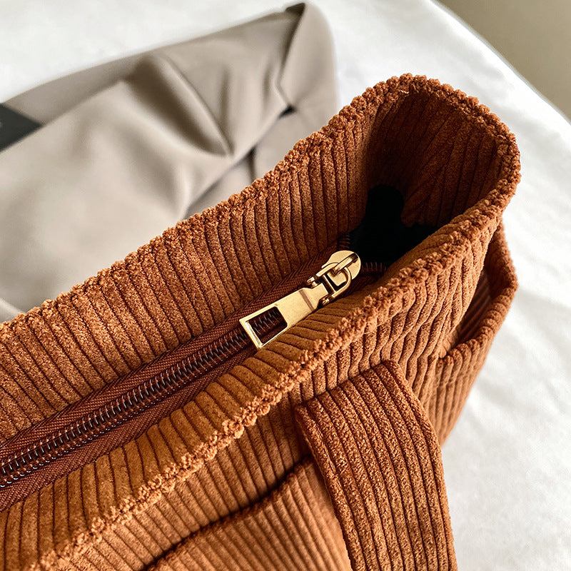 2024 New Corduroy Tote Bag for Women, Large Capacity Daily Commute Shoulder Bag with Multiple Pockets and Stylish Stitching Design