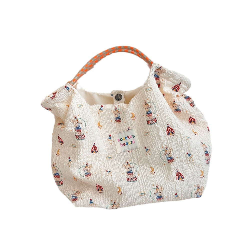 Korean Cartoon Embossed Canvas Bag Women's Large Capacity Canvas Bag Portable Beach Vacation Handbag