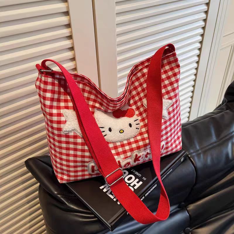 Cute Hellokitty Check Pattern Shoulder Bag Female Cartoon Large Capacity Crossbody Canvas Bag