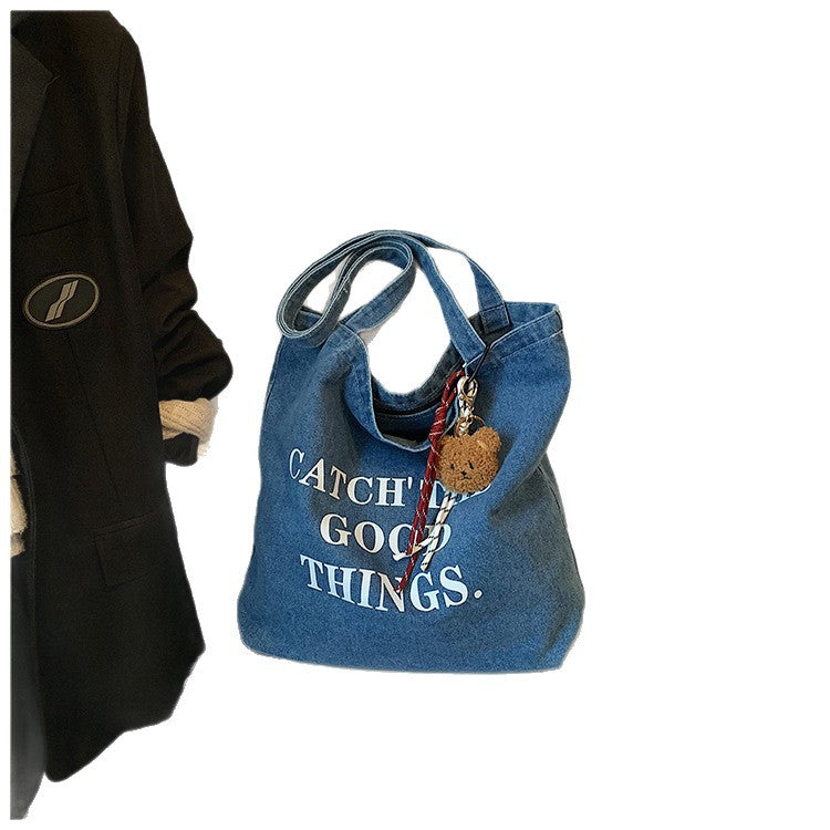 Korean Style Letter Ins Style Denim Bag Large Capacity Versatile Casual Shoulder Bag Trendy Personality Tote Bag