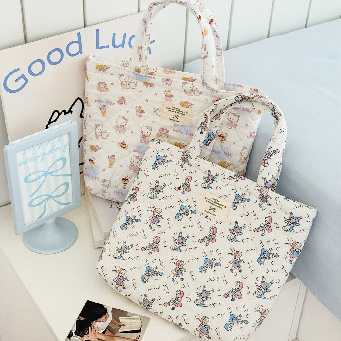 Cute Cartoon Print Tote Bag with Large Capacity and Soft Cotton Material for Daily Use