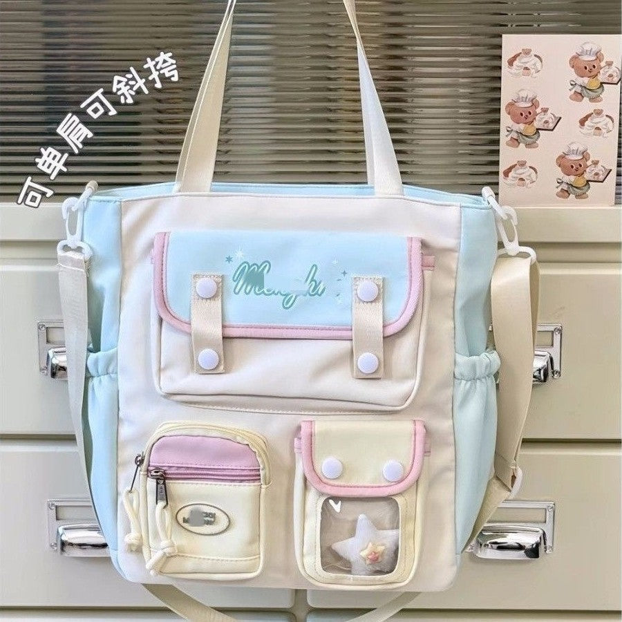 Cute Color-Blocking Student Tote Bag with Plush Keychain and Multiple Pockets for Daily Use