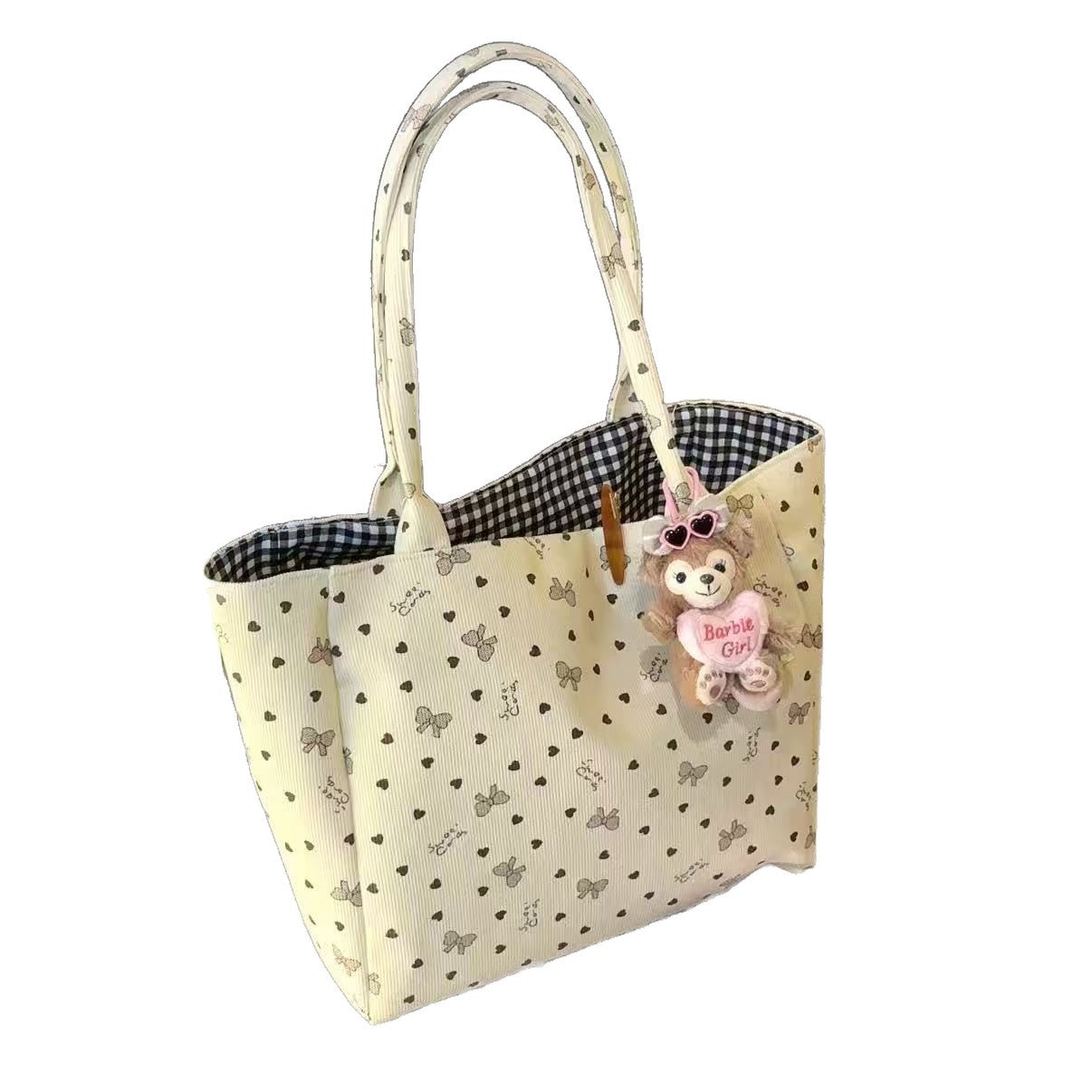 2025 New Large Capacity Tote Bag for Women with Heart and Bow Pattern, Fashionable Shoulder Bag for Daily Commute and Casual Use