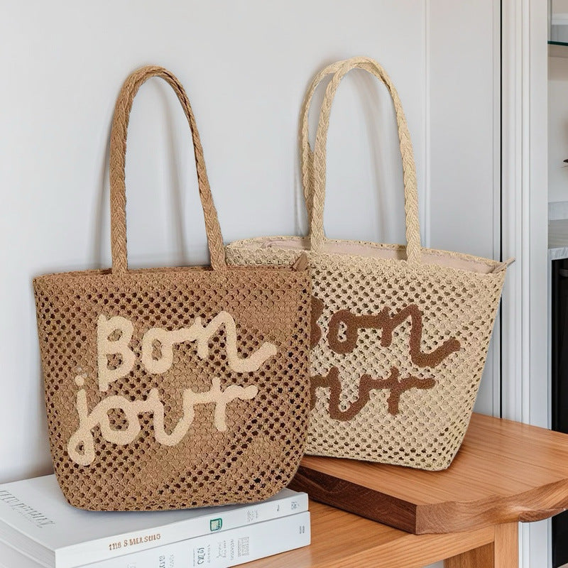 2025 New Letter Embroidery Woven Tote Bag Fashionable Shoulder Straw Bag Large Capacity Casual Beach Style