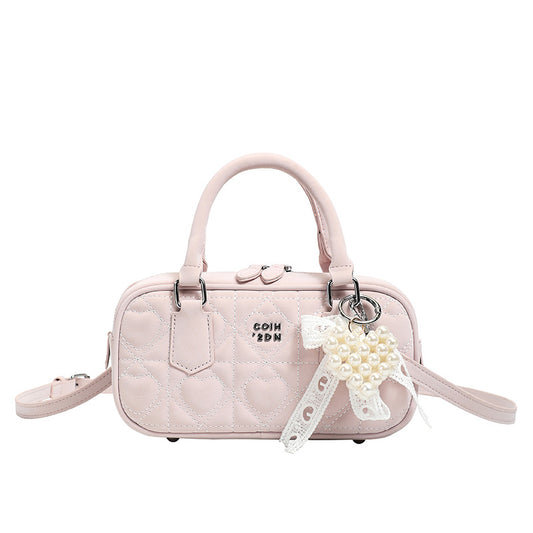 Elegant Quilted Crossbody Bag with Pearl Charm for Women, Fashionable Daily Use Handbag with Zipper Closure and Adjustable Strap