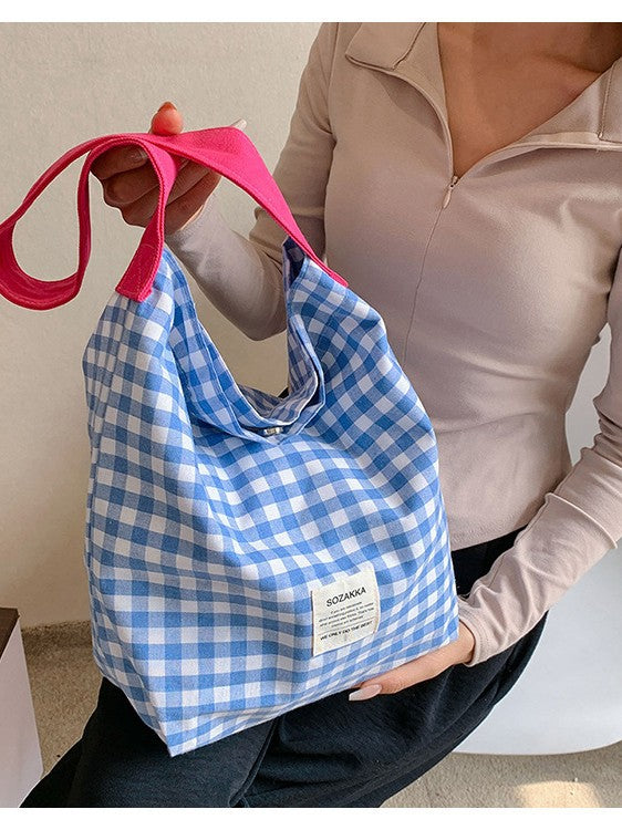 Cute Checkered Canvas Tote Bag with Colorful Handles for Daily Use and Shopping