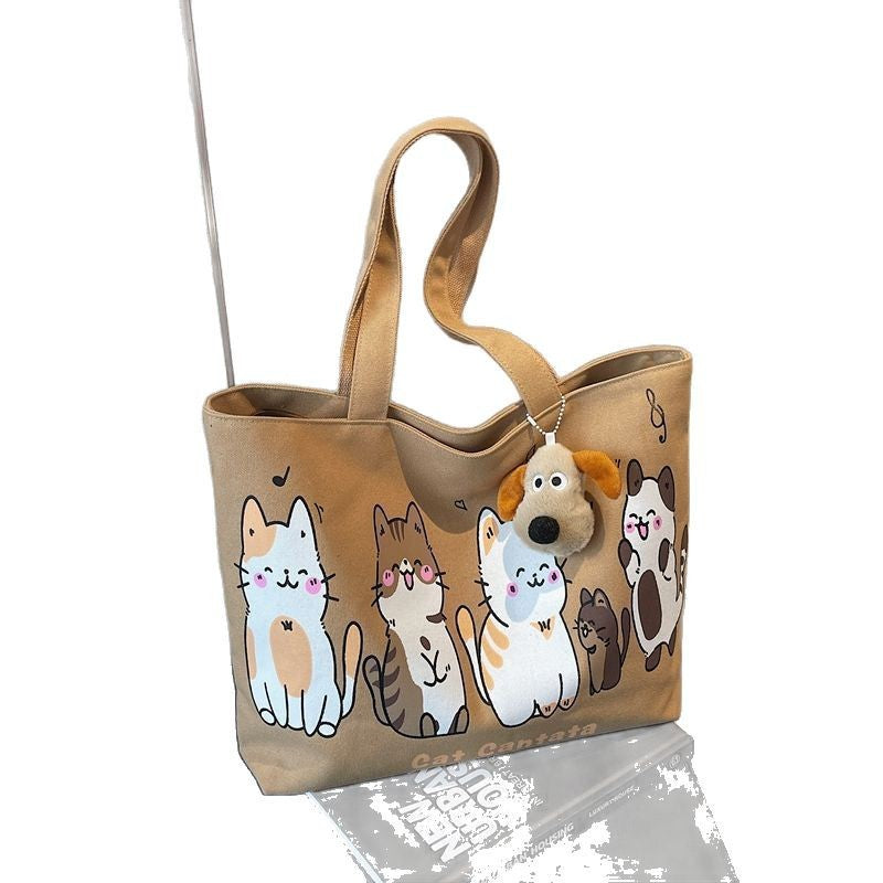Cute Cat Cartoon Canvas Tote Bag for Women, Large Capacity Shoulder Bag with Plush Charm, Perfect for Daily Use and School