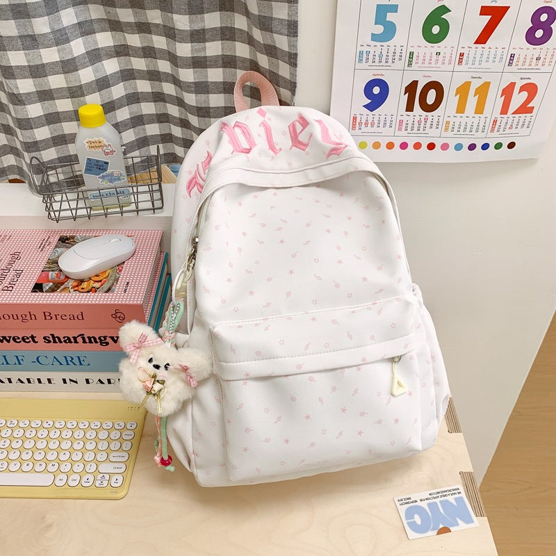 Cute Pink Letter Embroidery Backpack with Plush Keychain for Girls - Stylish and Functional School Bag
