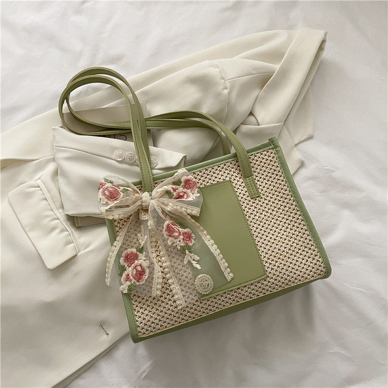 Woven Tote Bag Women's Spring Fashion Embroidered Flower Bow Tie Large Capacity Retro Style Handbag