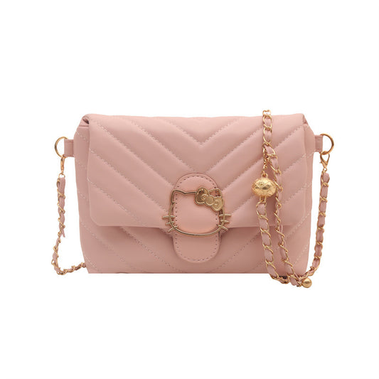 Chic Quilted Crossbody Bag with Hello Kitty Charm, Fashionable Chain Strap for Daily Style