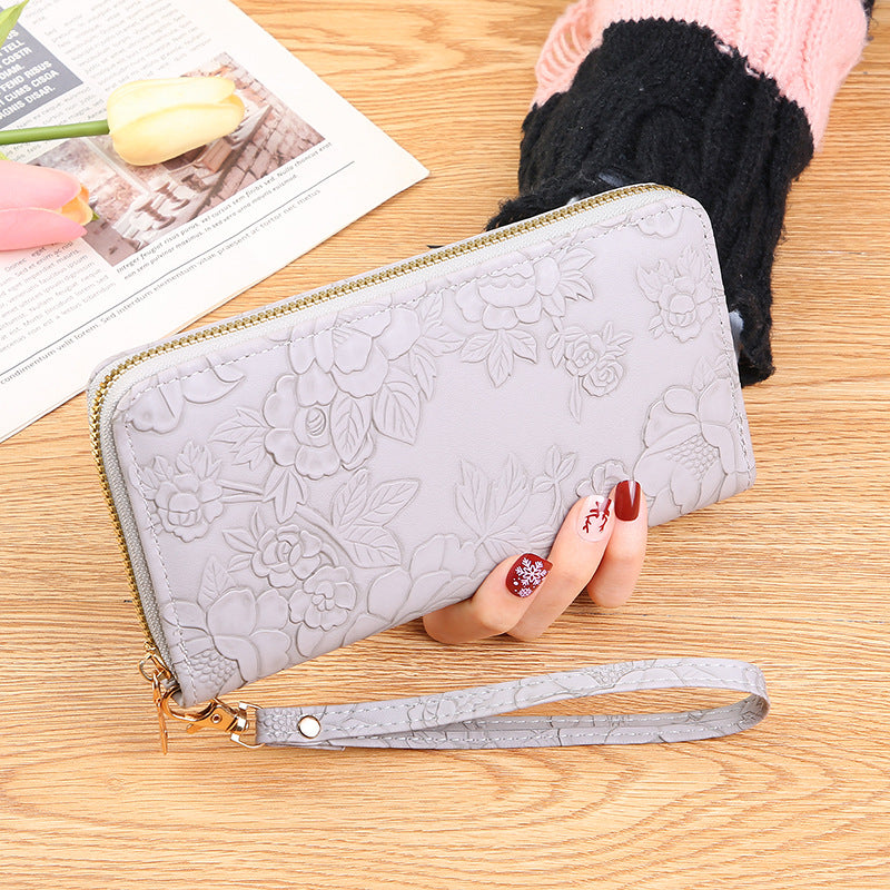 Elegant Floral Embossed Long Wallet with Zipper and Wrist Strap, Fashionable Women's Purse with Multiple Inner Compartments for Phone and Cards