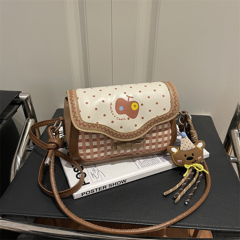 Cute Apple Small Square Bag Urban Simple Style Plaid Bow Design Fashionable All-Match Shoulder Messenger Bag