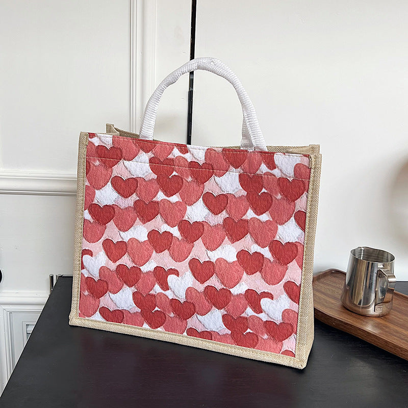 Linen Magnetic Snap Large Capacity Bag Female New Simple Fashion Peach Heart Portable Commuter Large Tote Bag