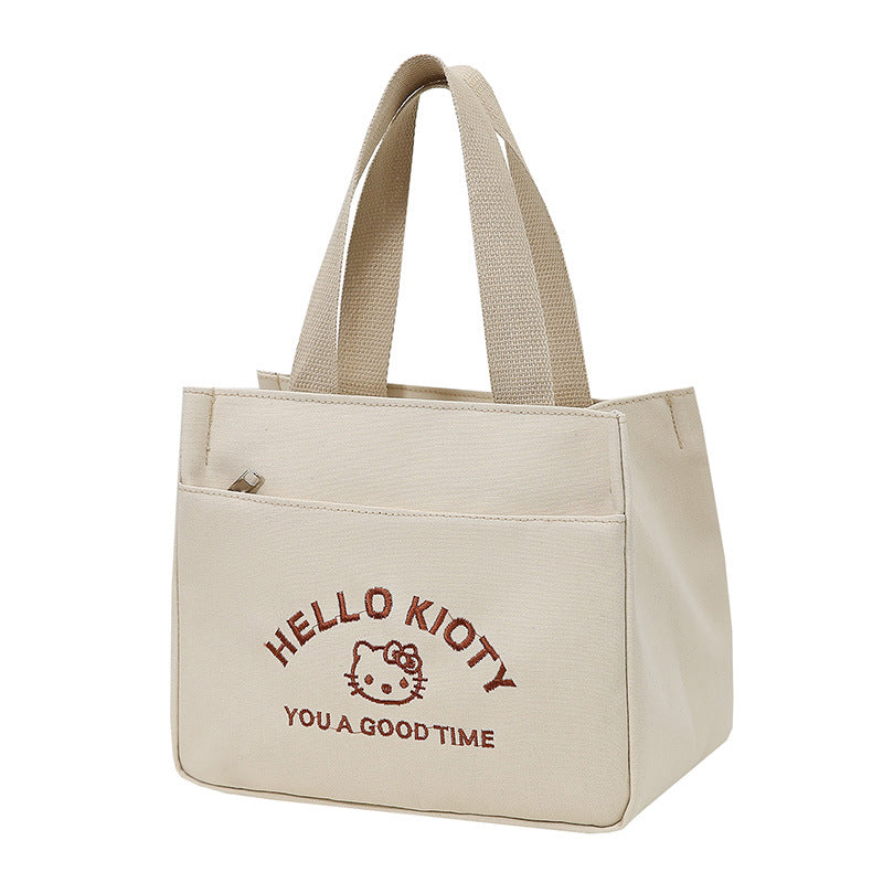 Cute Embroidered Canvas Tote Bag with Hello Kitty Design, Perfect for Daily Use, School, Work, and Carrying Lunchbox