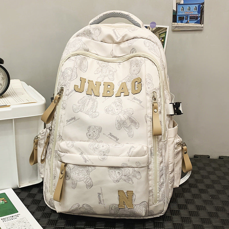 Fashionable Letter Print Backpack for Kids and Students, Breathable Nylon School Bag with Cute Bear Pattern