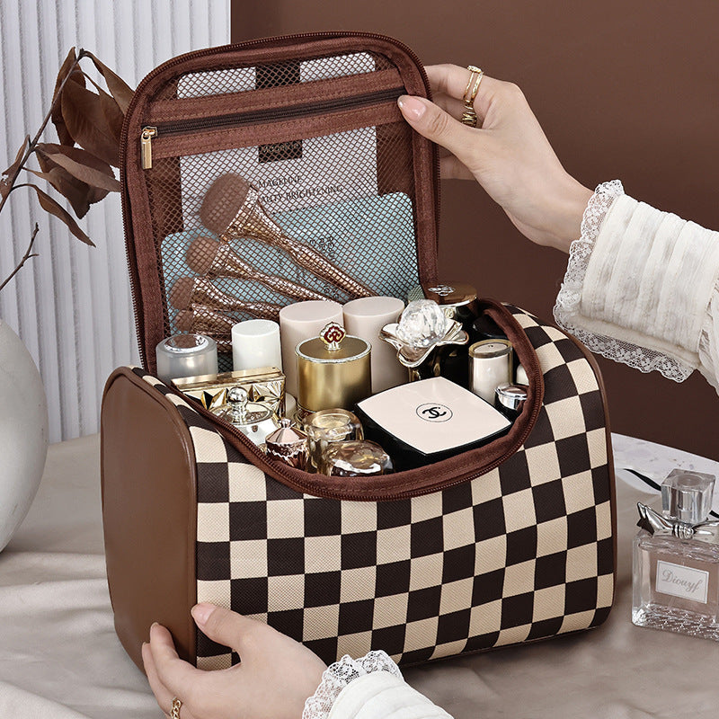 Checkered Hotdog Design Large Capacity Waterproof Cosmetic Bag for Travel and Daily Use