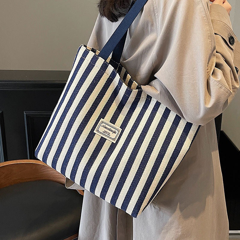 Women's Striped Tote New Simple Large Capacity Shoulder Bag Fashion Commuter Versatile Handbag