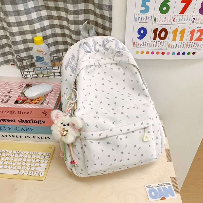 Cute Pink Letter Embroidery Backpack with Plush Keychain for Girls - Stylish and Functional School Bag