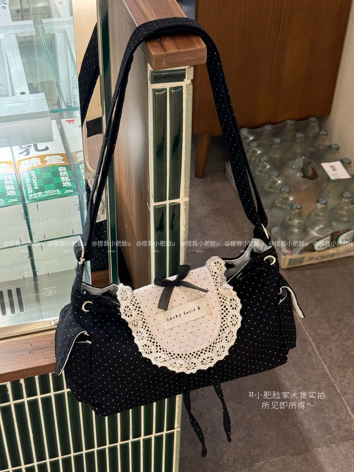 Korean Cute Polka Dot Shoulder Bag with Lace Trim and Bow Detail, Drawstring Flap Design for Daily Use