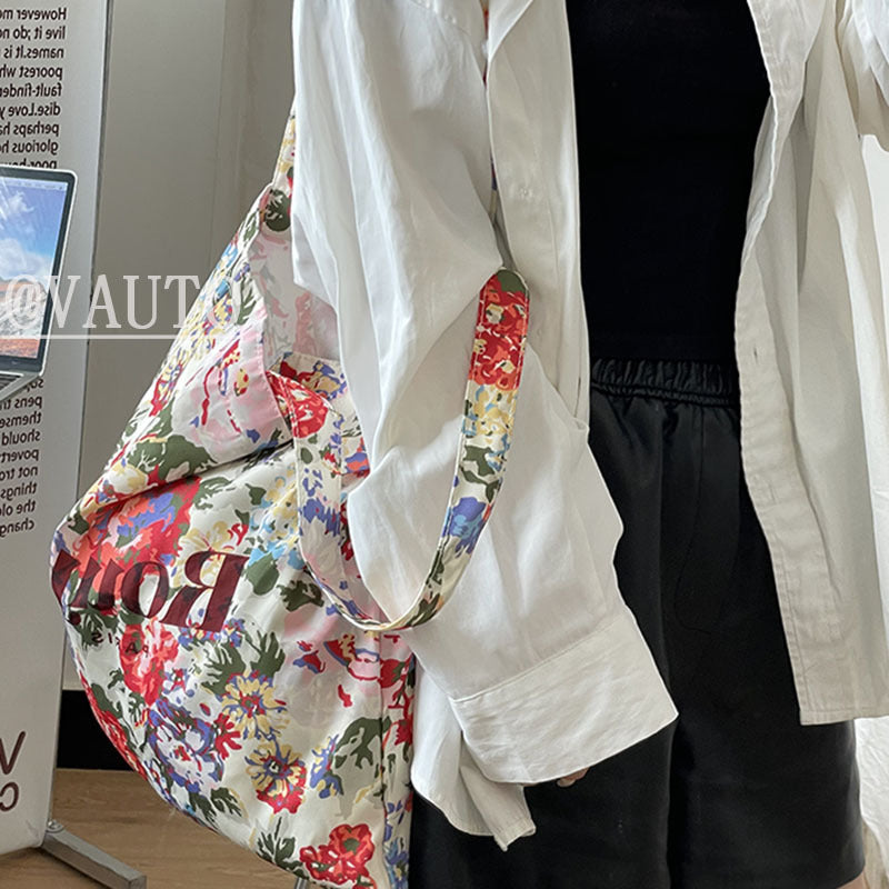 Floral Print Soft Tote Bag with Letter Design, Stylish Shoulder Handbag for Daily Use