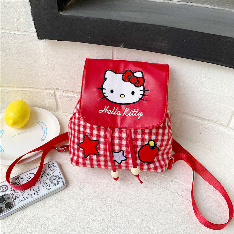 Cute Cat Flip Backpack Plaid Large Capacity Girls Schoolbag Suitable for Campus and Travel