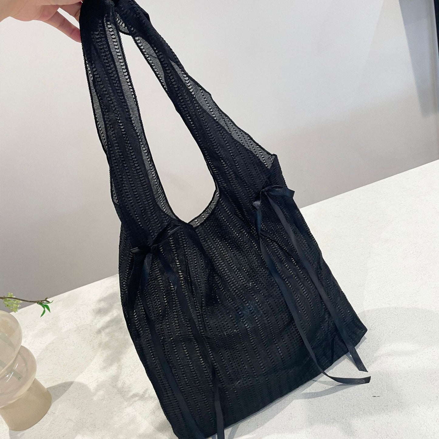 Korean Style Sheer Butterfly Embroidery Tote Bag with Bow Details for Beach Vacation and Daily Use