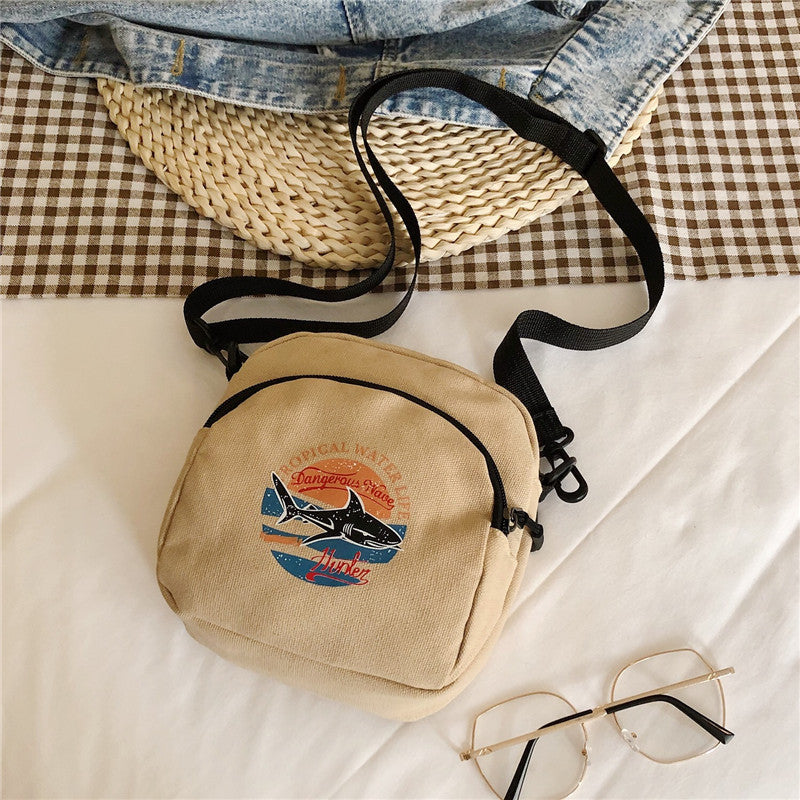 Korean Style Casual Crossbody Bag for Women with Shark Print, Soft Canvas Mini Square Bag with Zipper Closure, Perfect for Students and Daily Use