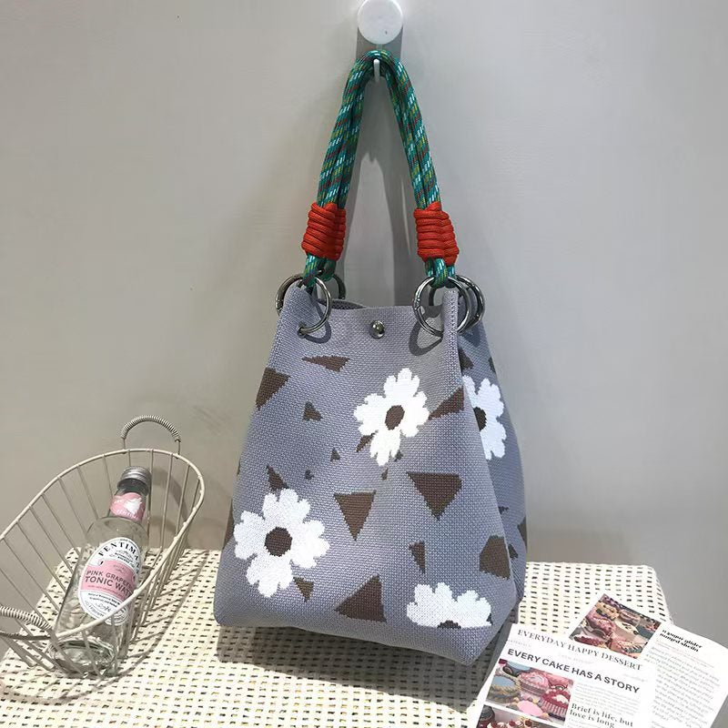 Black and White Rhombus Knitted Tote Bag Women's Casual Versatile Large Capacity Messenger Bag Handbag