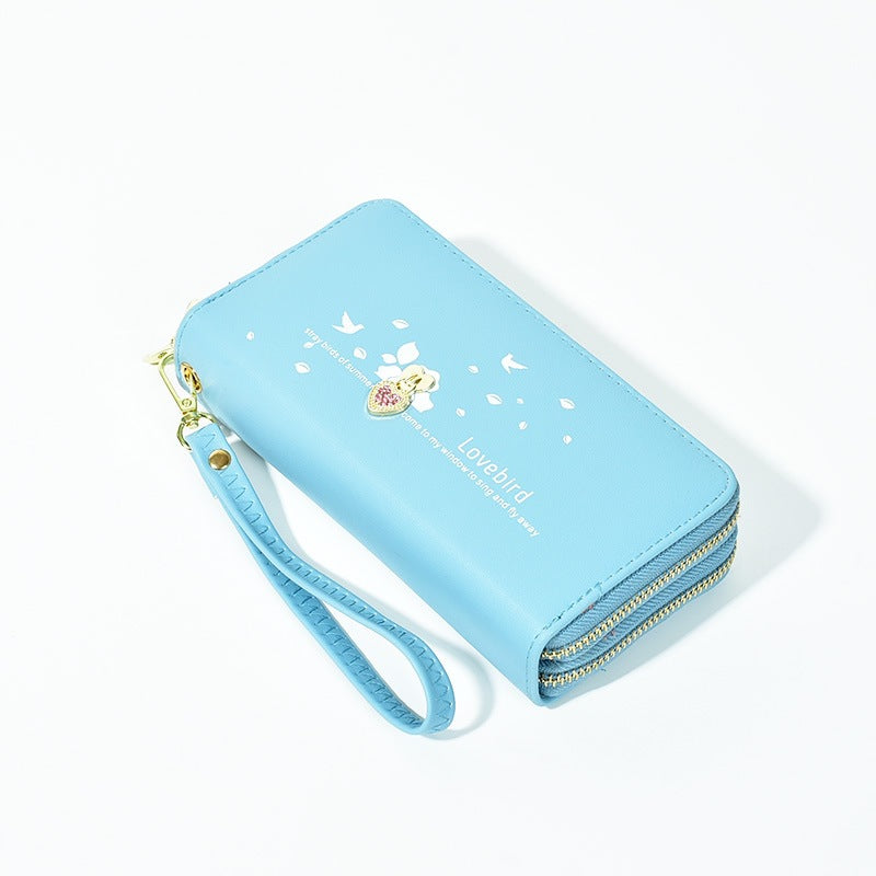 Cute Lovebird PU Wallet with Rhinestone Heart, Double Zipper, Wrist Strap & Card Slots for Women