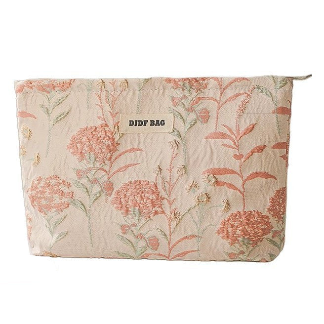 Cream Style Embroidered Flower Women's Cosmetic Bag Large Capacity Zipper Design Daily Portable Hand Buggy Bag