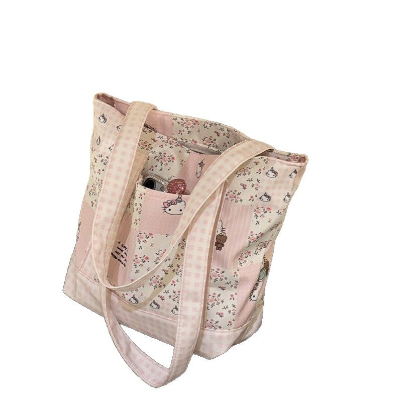 Cute Floral Kitty Patchwork Tote Bag with Zipper Closure and Multiple Inner Pockets for Daily Use